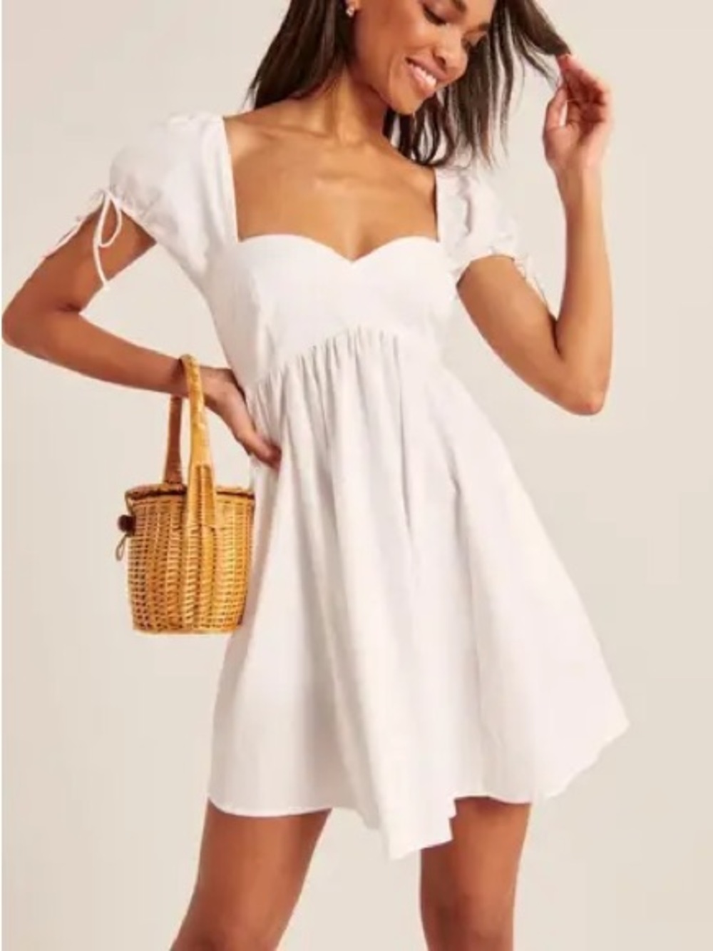 Abercrombie & Fitch White Sweetheart Puff-Sleeve Mini Dress
